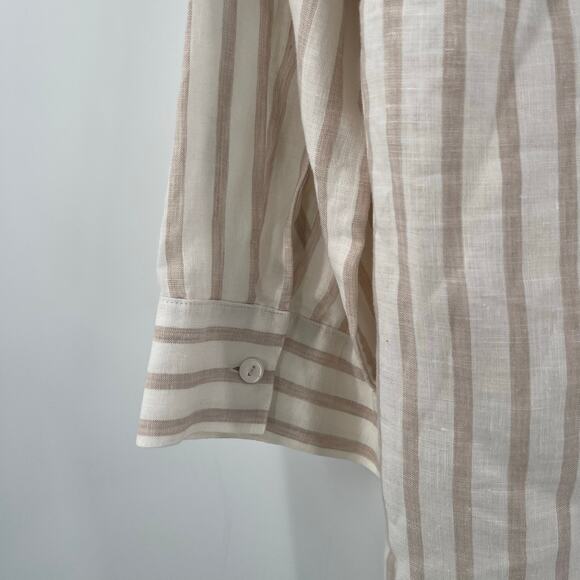 CHICO'S Shirt Size 12/14 No Iron Button Down 100% Linen Stripes White Neutral - Picture 8 of 13